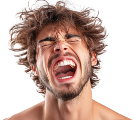 Man with messy hair screaming intensely, transparent background png