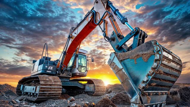 Heavy excavator machinery working at construction site during sunset, industrial equipment for mining and earthmoving with hydraulic arm and bucket