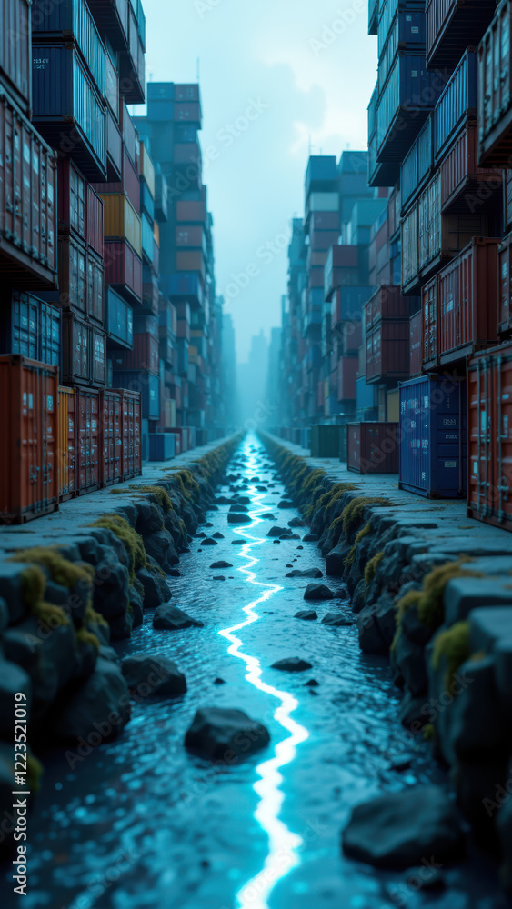 Poster futuristic industrial scene with a river running through a high-tech shipping container complex.