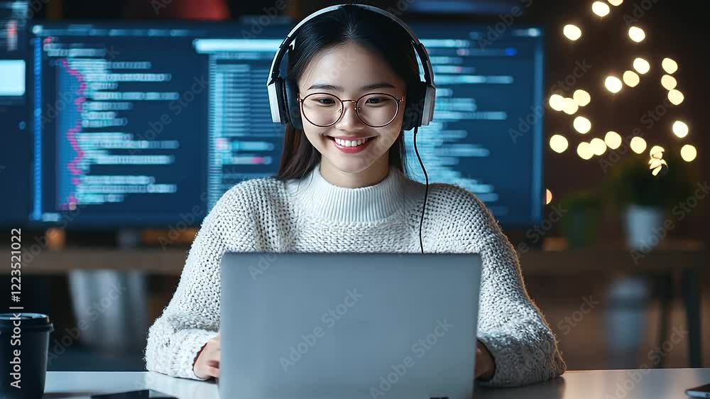 Poster asian software engineer enjoying coffee while wearing headphones, working on complex algorithms in a
