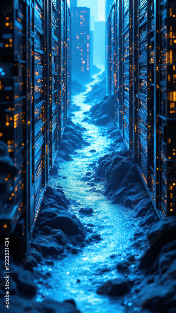 Poster futuristic underground tunnel with a stream flowing through a data center with blue lights.