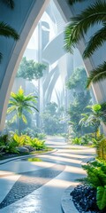 Fototapeta premium Lush green pathway through a futuristic urban landscape