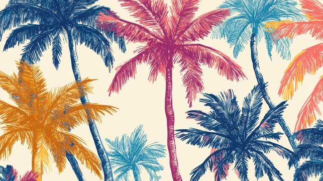 Colorful palm tree pattern with vibrant tropical leaves on light background