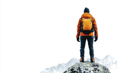 Traveler with backpack on snowy mountain peak, cut out
