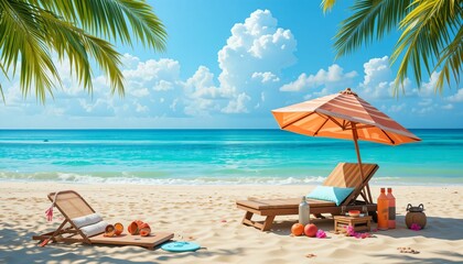 Tropical Beach Scene with Lounge Chairs and Umbrella