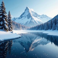 Serene snow capped mountain reflected in icy lake with snowflakes gently falling on pine trees, winter scenery, calm atmosphere, pine forest
