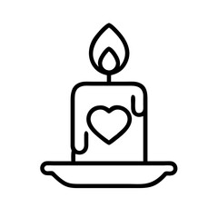 Romantic Candle with Heart Line Art Icon  - Black and white line drawing of a burning candle with a heart symbol, representing romance, warmth, relaxation, and intimate ambiance.  
