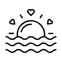 Sunset with Heart Shapes and Waves Line Art - A minimalist line drawing of a sunset over the ocean with heart shapes in the sky, symbolizing love and beauty.
