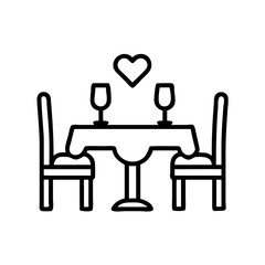 Romantic Dinner Table with Heart Line Art  - Black and white line drawing of a romantic dinner table set for two, symbolizing love, dating, special occasions, and fine dining.  
