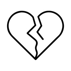 Broken Heart Symbol Line Art Illustration  -Black and white line drawing of a broken heart, symbolizing heartbreak, sadness, lost love, emotional pain, and relationship struggles.  
