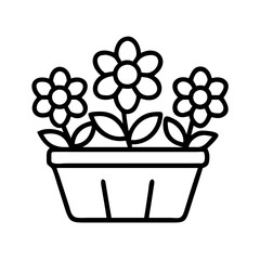 Flower Pot with Blooming Flowers Line Art  - Black and white line drawing of a flower pot with three blooming flowers, symbolizing gardening, nature, spring, and home decoration.  
