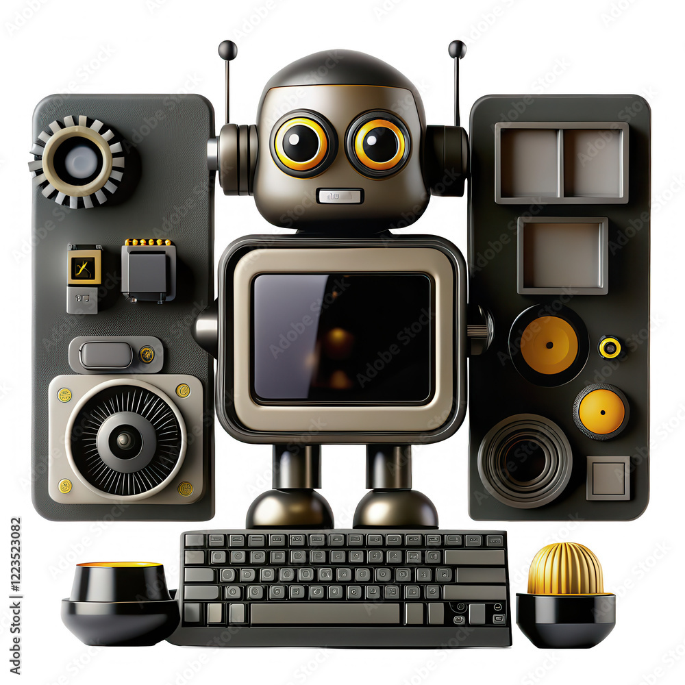 Poster a charming, cartoon-style robot with a friendly expression and golden accents, surrounded by various