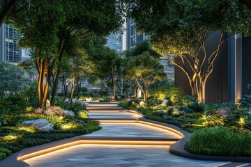 Obraz premium Beautifully lit urban garden pathway in evening glow