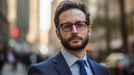 Fototapeta premium Business professional in urban setting city center portrait photography busy environment close-up confidence and style