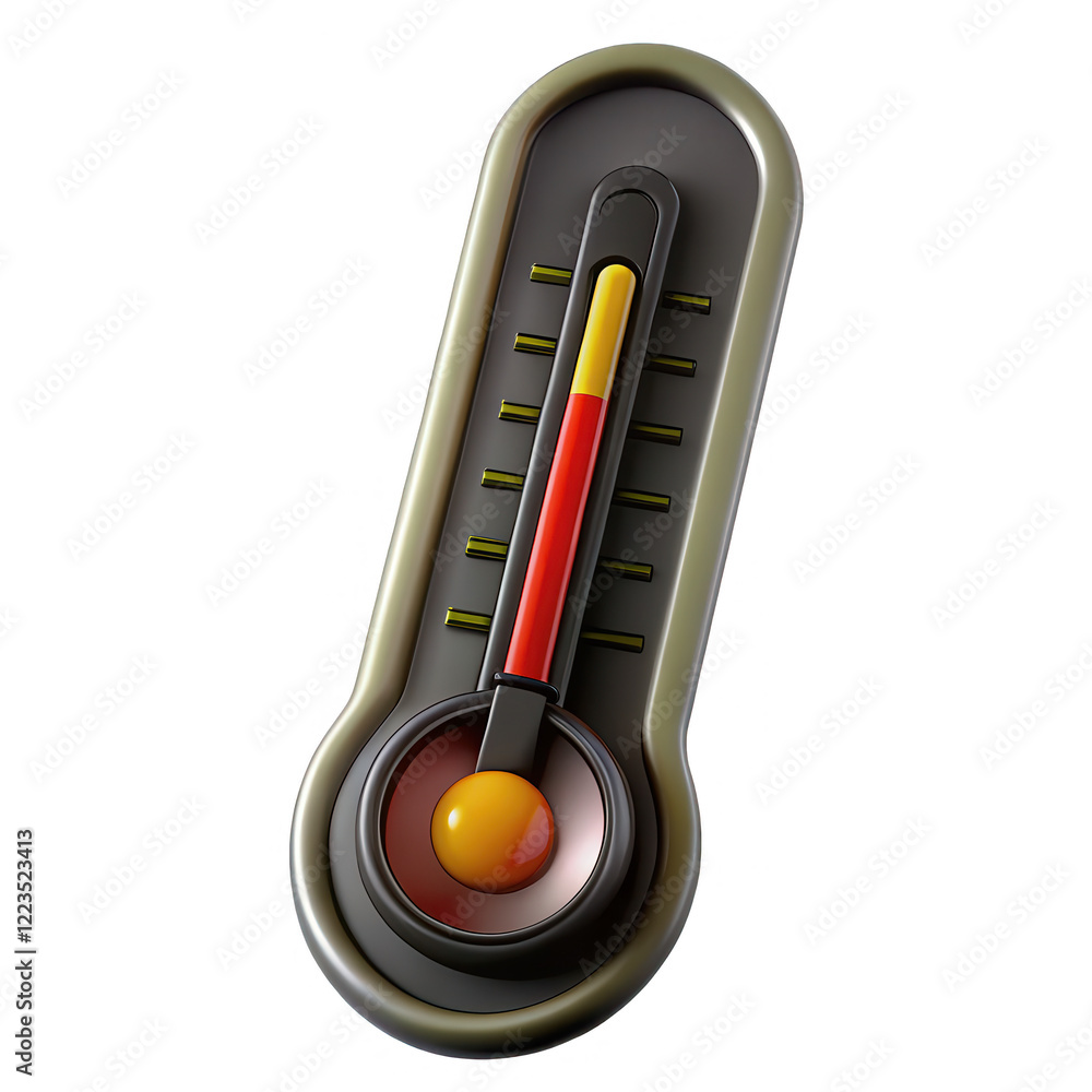 Poster a stylized 3d thermometer icon showcasing a red and yellow liquid indicator, designed with a sleek b