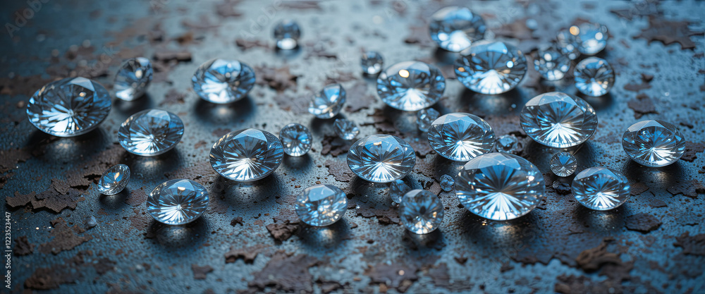 Poster various clear crystals are arranged on a rusty, textured surface, creating mesmerizing reflections a