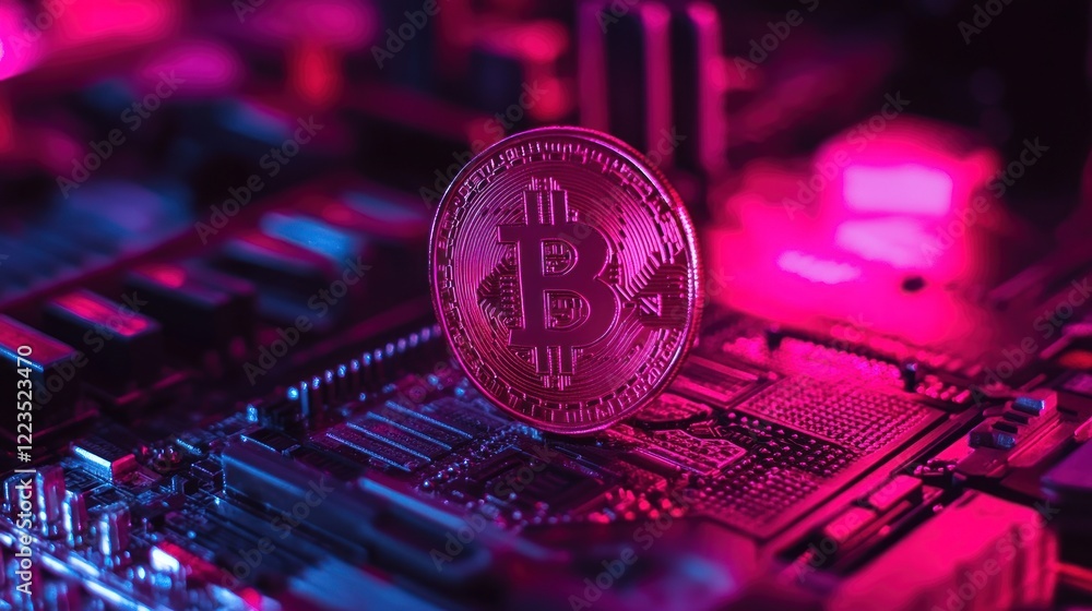 Poster bitcoin cryptocurrency on computer motherboard displayed
