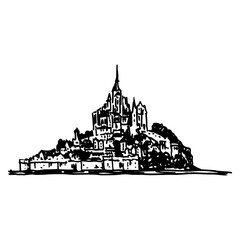 Fototapeta premium View of Mont-Saint-Michel. Saint Michael's Mount. Historical tidal island abbey in Normandy, France. Hand drawn linear doodle rough sketch. Black and white silhouette.