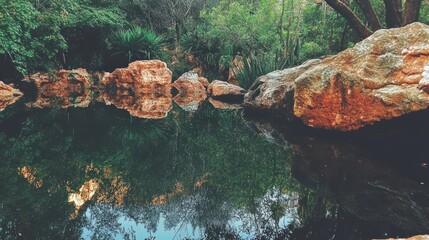 Tranquil Pond Reflecting Lush Green Foliage and Rocks