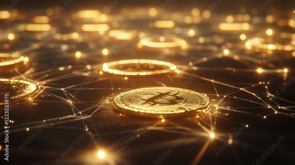 Poster golden bitcoin coins connected in a network
