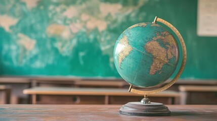 Vintage Globe Sits On Wooden Desk In Classroom
