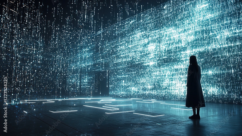 Poster digital art installation exploring chaos and data trends in a modern exhibit space
