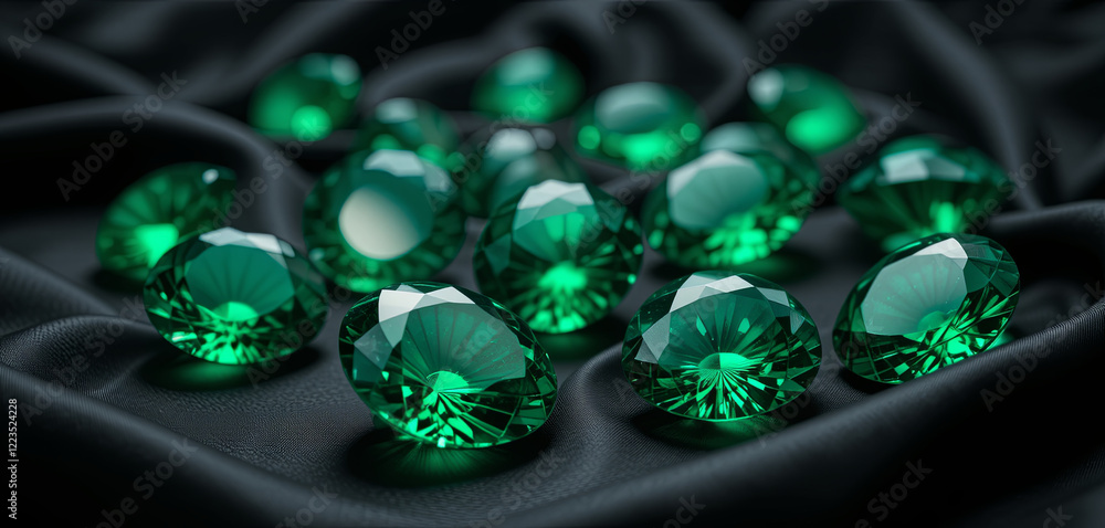 Poster a collection of sparkling green gemstones glimmers on a smooth, dark fabric. the facets of the gems 