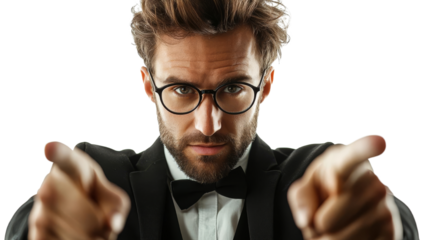 Man in tuxedo pointing with both index fingers, transparent background png