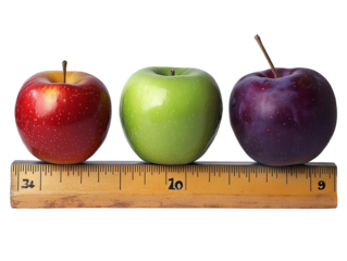  a red apple, and purple plum on top of an industrial ruler isolated on a transparent background