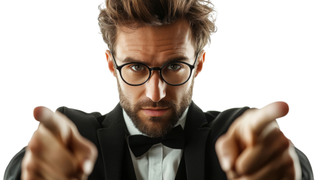 Man in tuxedo pointing with both index fingers, transparent background png