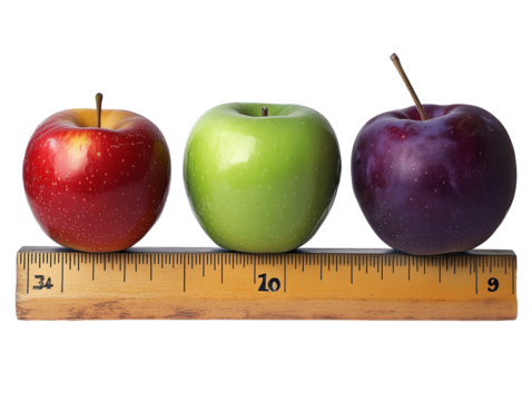  a red apple, and purple plum on top of an industrial ruler isolated on a transparent background