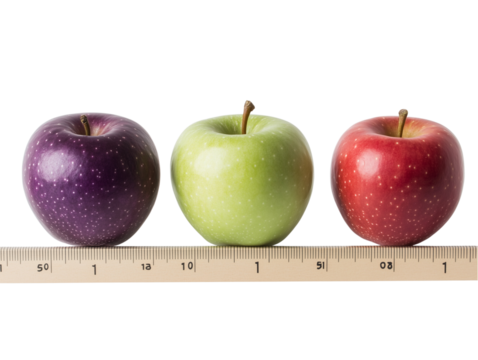  a red apple, and purple plum on top of an industrial ruler isolated on a transparent background - Powered by Adobe
