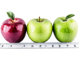  a red apple, and purple plum on top of an industrial ruler isolated on a transparent background