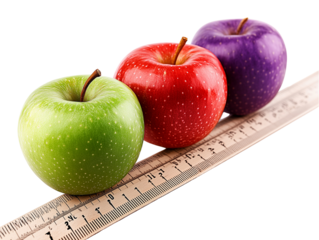 a red apple, and purple plum on top of an industrial ruler isolated on a transparent background