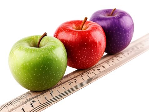  a red apple, and purple plum on top of an industrial ruler isolated on a transparent background