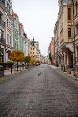 A narrow city street with buildings in the background