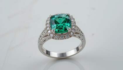 A stunning ring features a radiant emerald cut gemstone surrounded by sparkling diamonds. The design highlights exceptional craftsmanship and intricate details, perfect for special occasions