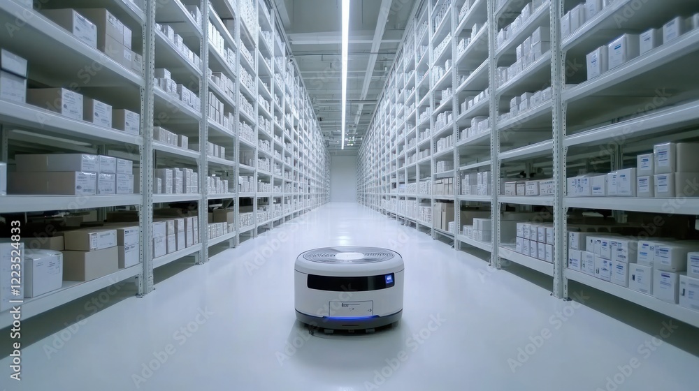 Poster autonomous robot navigating a modern warehouse aisles