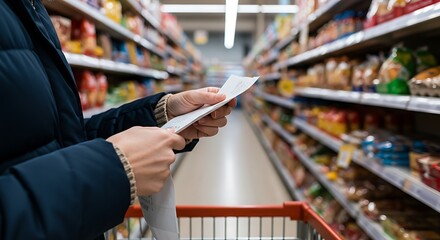 Minded man viewing receipts in supermarket and tracking prices
