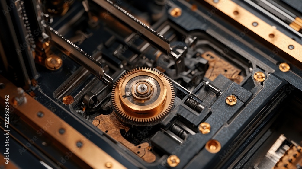 Poster intricate mechanical gear system close up view