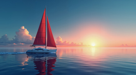 Sailboat with red sails at sunset. Luxury yacht sailing in the sea.