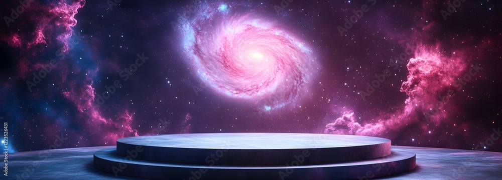Poster a podium floating in space with a swirling nebula and distant stars as the background, glowing with 