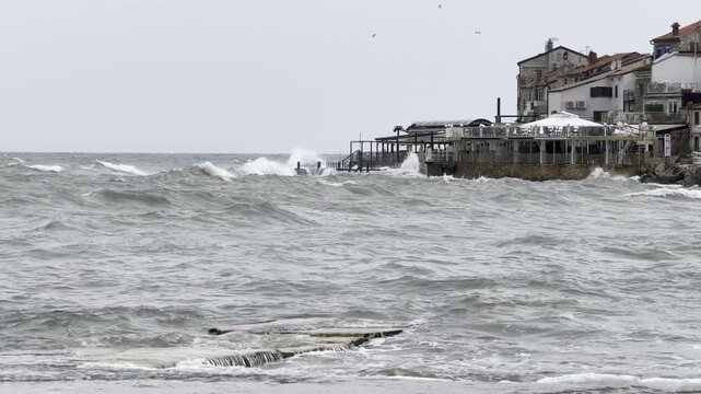 old fishing town of Umag, on a windy and rainy day