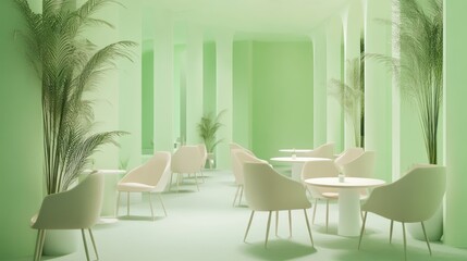 Obraz premium Serene Green Minimalist Cafe Interior Design