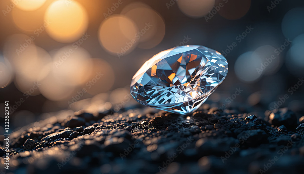 Poster a brilliant diamond is positioned on a rough surface, reflecting warm sunlight. its facets create a 