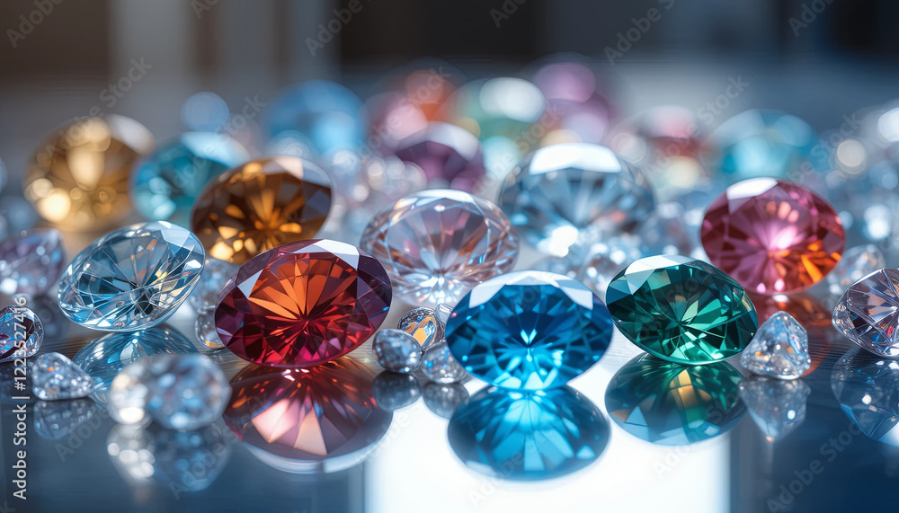 Poster a variety of gemstones in multiple colors are displayed on a shiny surface. the arrangement catches 