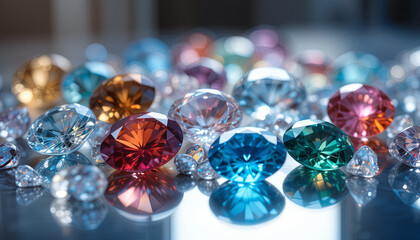 A variety of gemstones in multiple colors are displayed on a shiny surface. The arrangement catches light, creating reflections and enhancing their vibrant hues in an alluring composition
