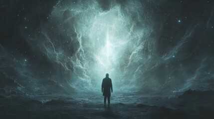 Fototapeta premium Lone Figure Contemplates Celestial Nebula Awe Inspiring Cosmic Scene