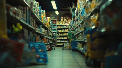 Grocery Store Aisles Displaying Varied Products At Night