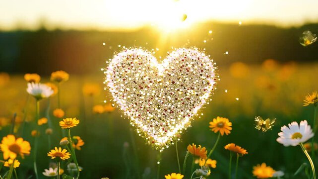 Zoom out video to reveal a sparkling heart materializing from a patch of wildflowers in a sunny meadow, bees buzz around the heart, adding a touch of life to the scene